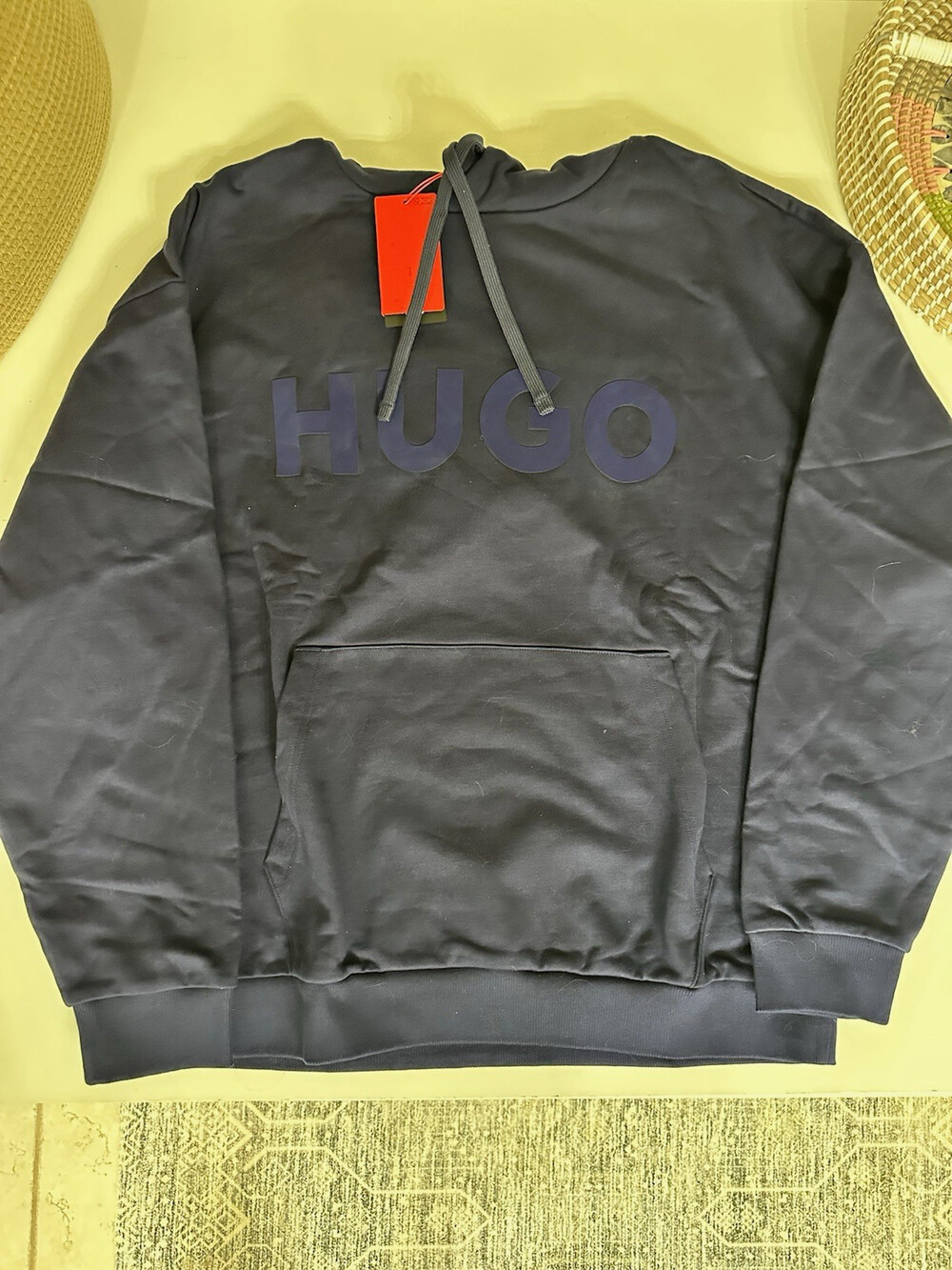 HUGO Men’s Navy Logo Pullover Hoodie Fleece Cotton Hooded Pockets XL